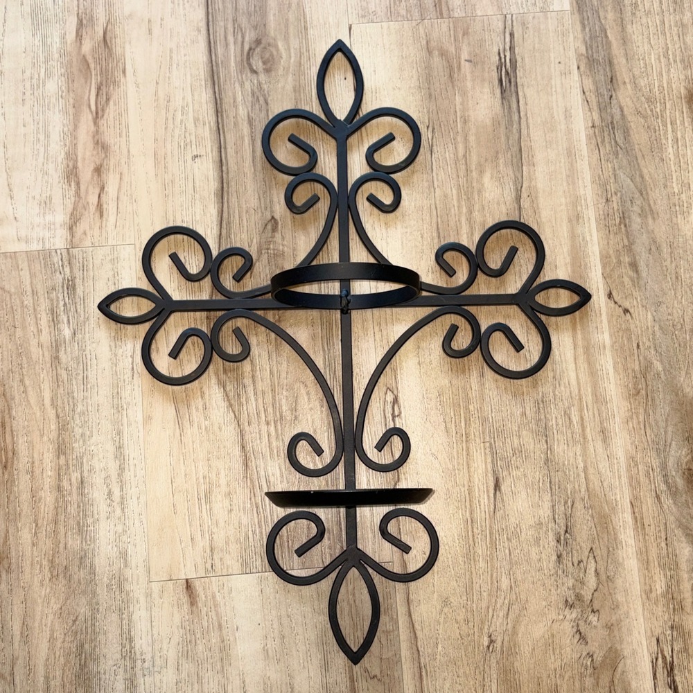 Black Wrought Iron Fleur De Lis Cross Wall Sconce Pillar Candle Holder 19in